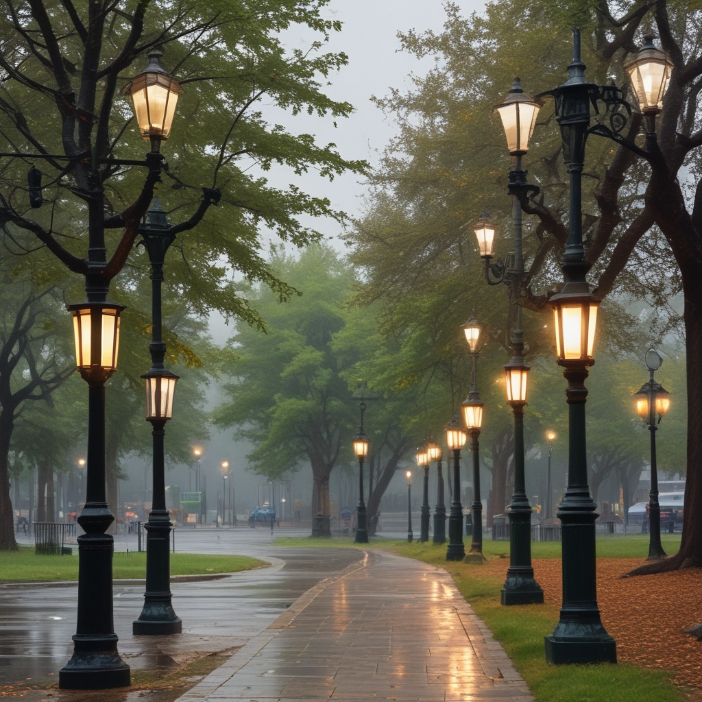 Rainy day park with lampposts
